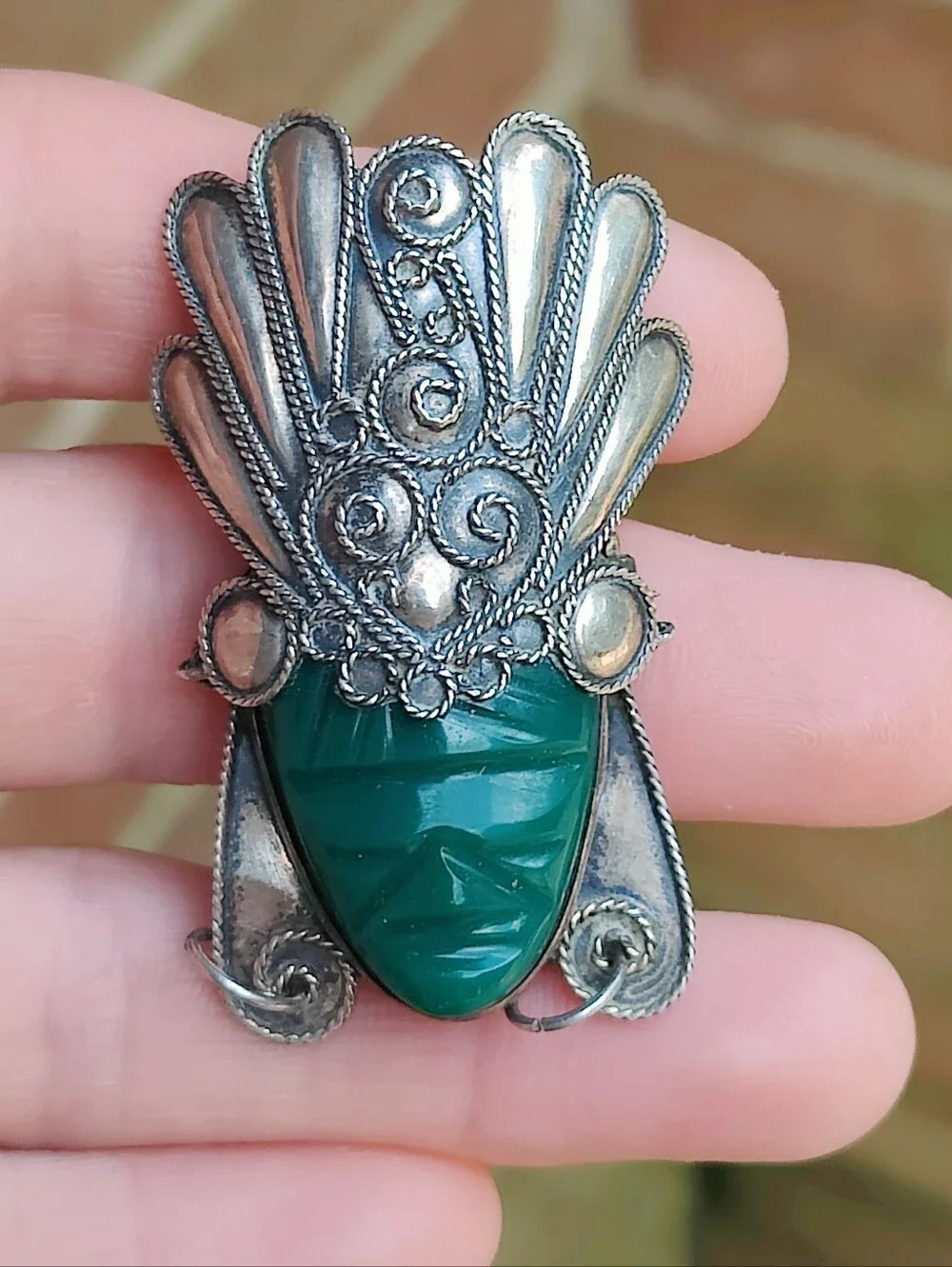 Large Vintage Sterling Silver Green Onyx Mayan Warrior Brooch